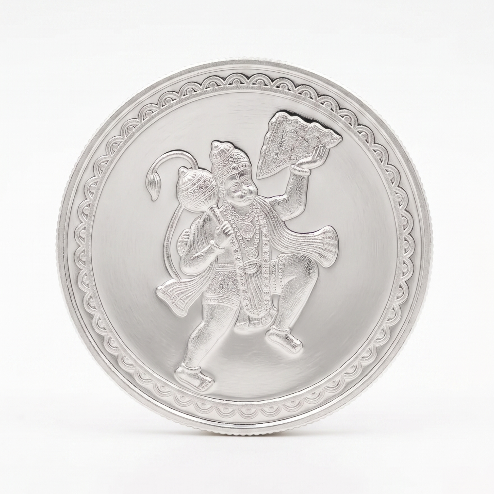 Lord Hanuman 999 Pure Silver 10 Gram Coin – Detailed Embossed Design with Decorative Border