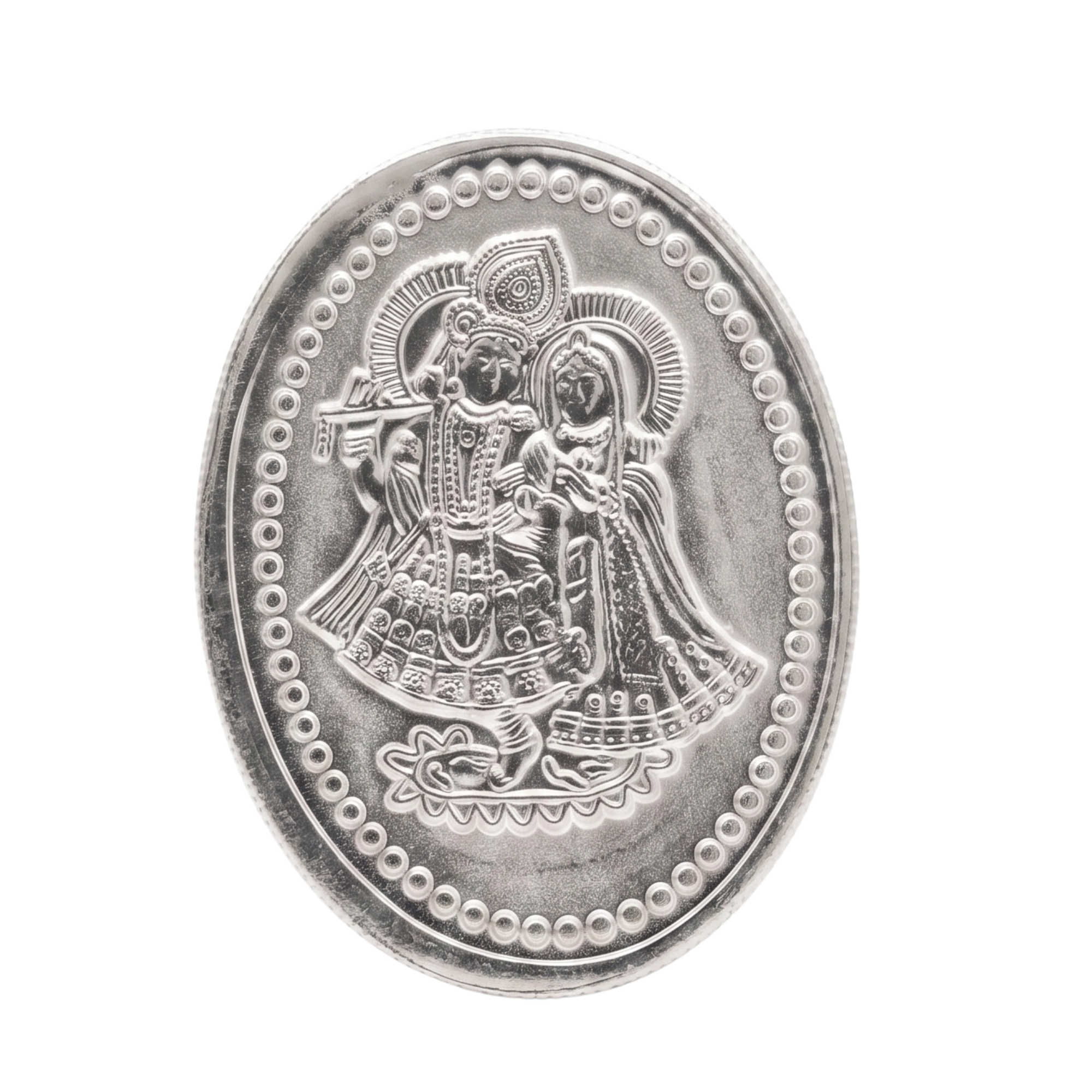 Radha Krishna 999 Pure Silver 10 Gram Oval Coin – Detailed Embossed Design with Beaded Border