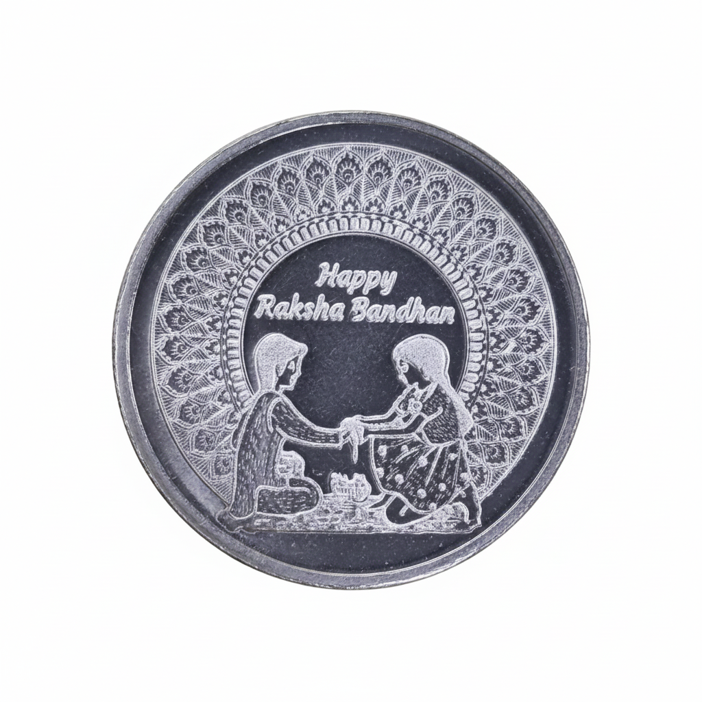 A round silver-toned metal token or button featuring an engraved design with two children holding hands, a floral pattern border, and the text 'Happy Rakha Bandhan' on a black center background.